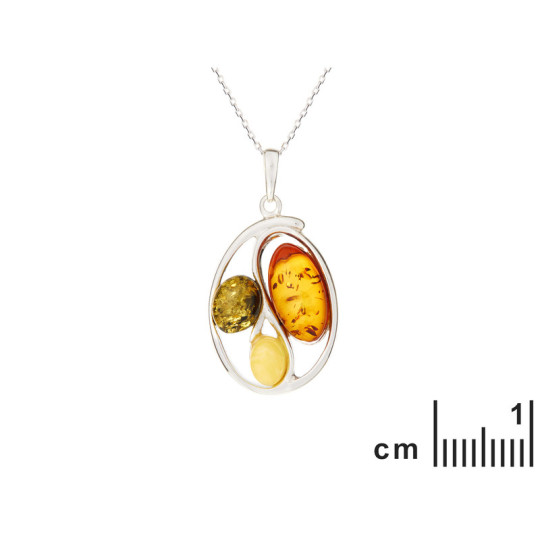 Pendentif en ambre multicolore naturel, argent 925 rhodié, diamètre 2x2,8+1 cm
