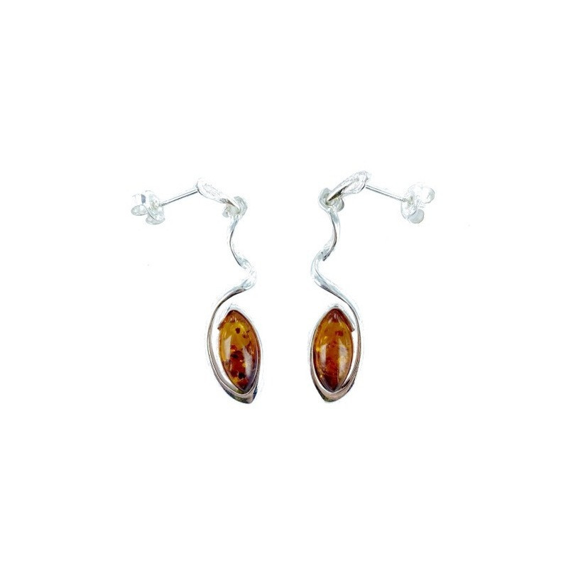 Boucles d'oreilles pendantes en ambre cognac naturel navette, en argent 925
