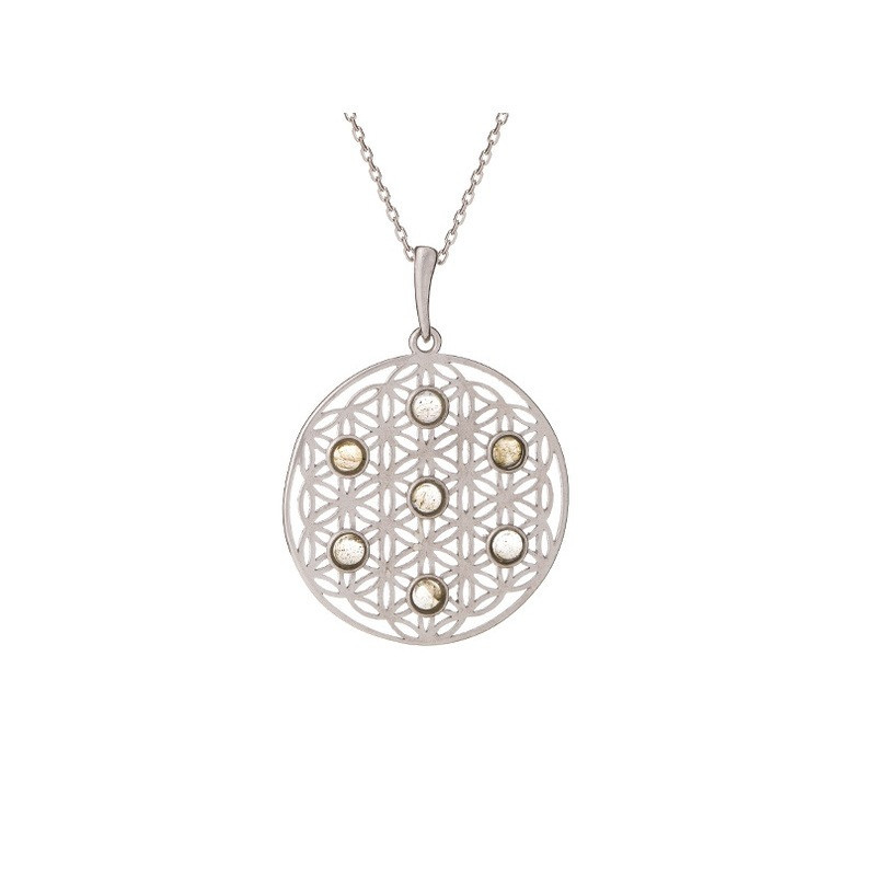 Pendentif fleur de vie en labradorite, argent 925 rhodié, diamètre 2,7+1 cm