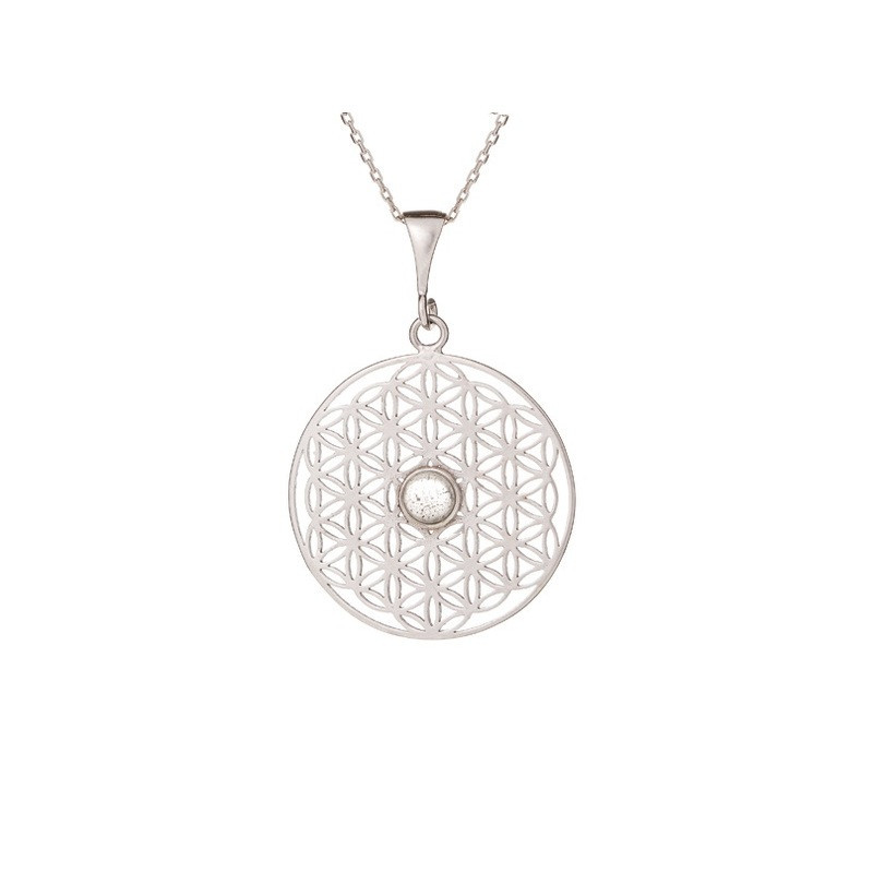 Ciondolo fiore della vita in labradorite, argento 925 rodiato, diametro 2,7+1 cm