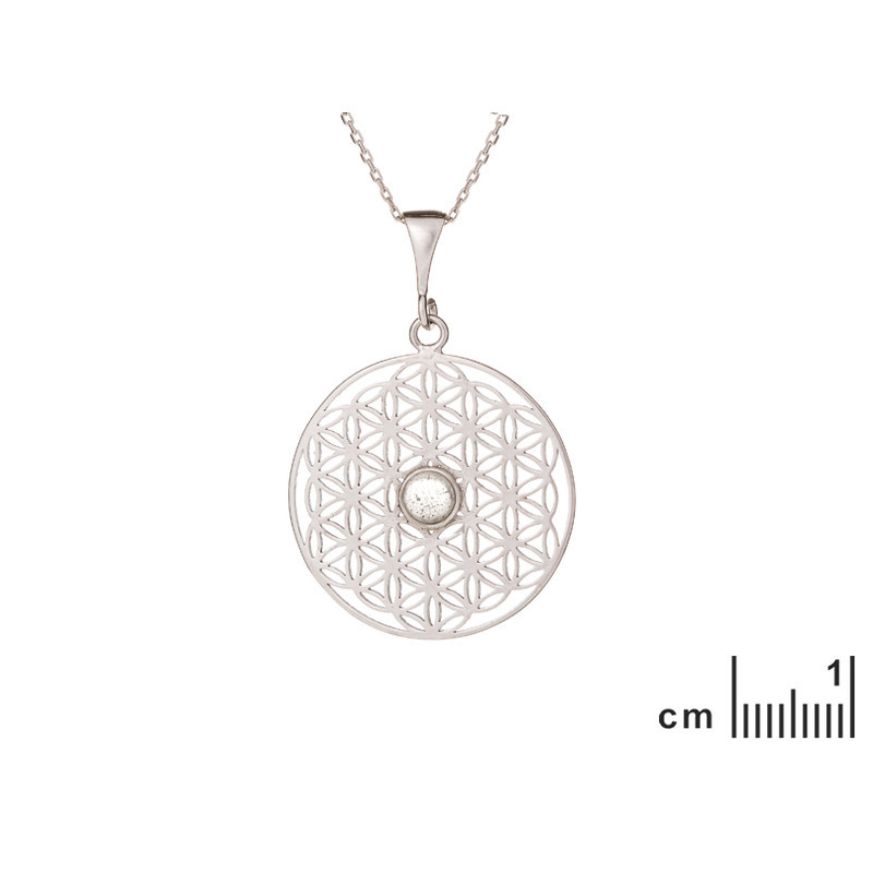 Ciondolo fiore della vita in labradorite, argento 925 rodiato, diametro 2,7+1 cm