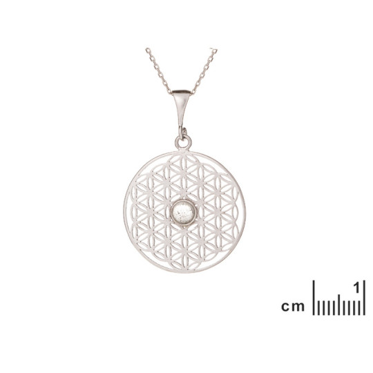 Ciondolo fiore della vita in labradorite, argento 925 rodiato, diametro 2,7+1 cm