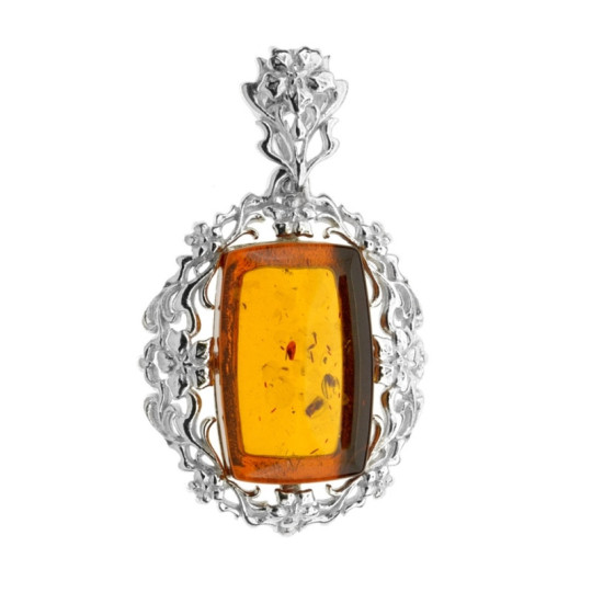Pendentif en ambre cognac naturel, argent 925 rhodié