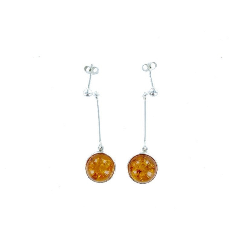 Boucles d'oreilles pendantes en ambre cognac naturel rond, en argent 925