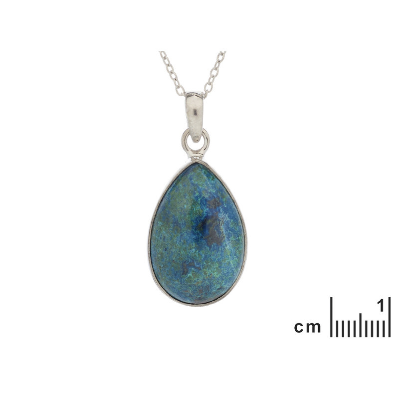Pendentif goutte en shattuckite bleue, argent 925 rhodié, diamètre 1,4x2+0,8 cm