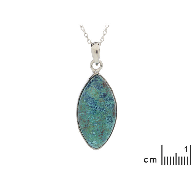 Ciondolo in shattuckite blu, argento 925 rodiato, diametro 1,3x2,5+0,8 cm