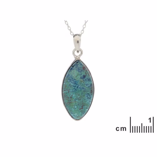 Ciondolo in shattuckite blu, argento 925 rodiato, diametro 1,3x2,5+0,8 cm