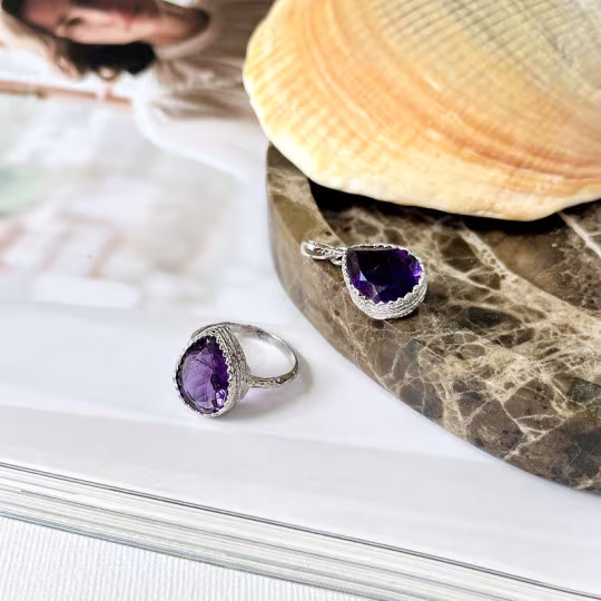 Amethyst drop pendant, rhodium-plated 925 silver, diameter 1.2x1.5+0.8 cm
