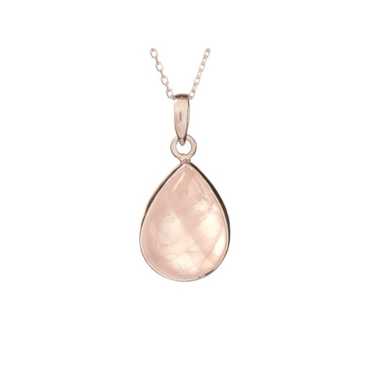 Pendentif goutte en quartz rose, argent 925 rhodié, diamètre 1,3x1,7+0,8 cm