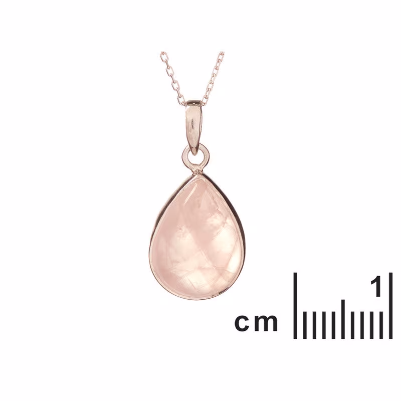 Pendentif goutte en quartz rose, argent 925 rhodié, diamètre 1,3x1,7+0,8 cm