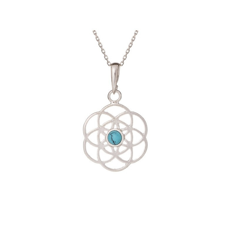 Ciondolo fiore della vita in turchese blu, argento 925 rodiato, diametro 2+1 cm