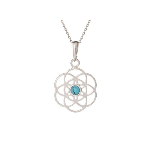 Ciondolo fiore della vita in turchese blu, argento 925 rodiato, diametro 2+1 cm