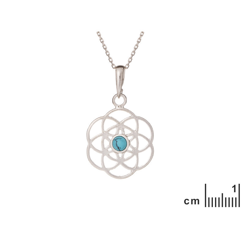 Ciondolo fiore della vita in turchese blu, argento 925 rodiato, diametro 2+1 cm
