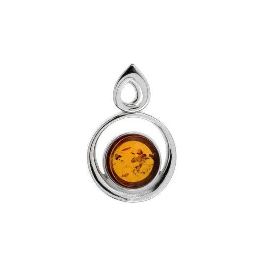 Pendentif en ambre cognac naturel, argent 925 rhodié, diamètre 1,5+1 cm