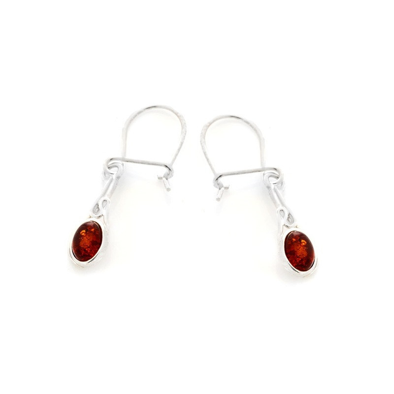 Boucles d'oreilles pendantes en ambre cognac naturel ovale, en argent 925