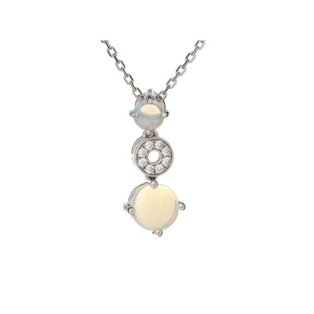Round opal and zirconium oxide pendant, in rhodium-plated 925 silver