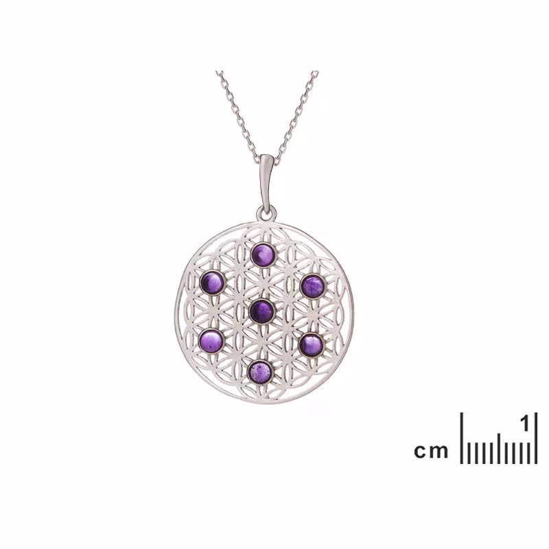Ciondolo fiore della vita in ametista, argento 925 rodiato, diametro 2,7+1 cm