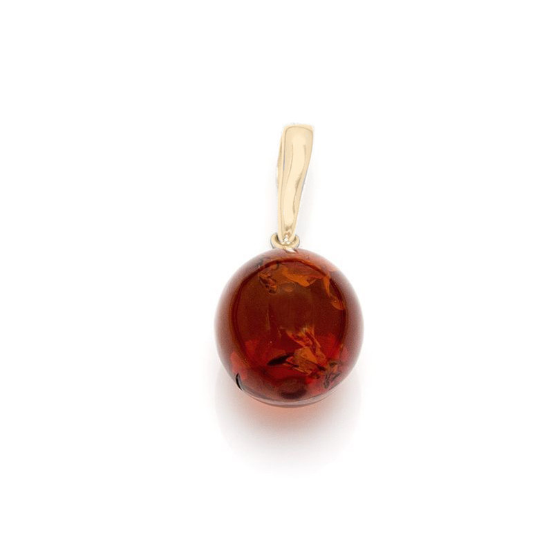 Pendentif en ambre cognac naturel, argent 925 doré, diamètre 1x1+1 cm