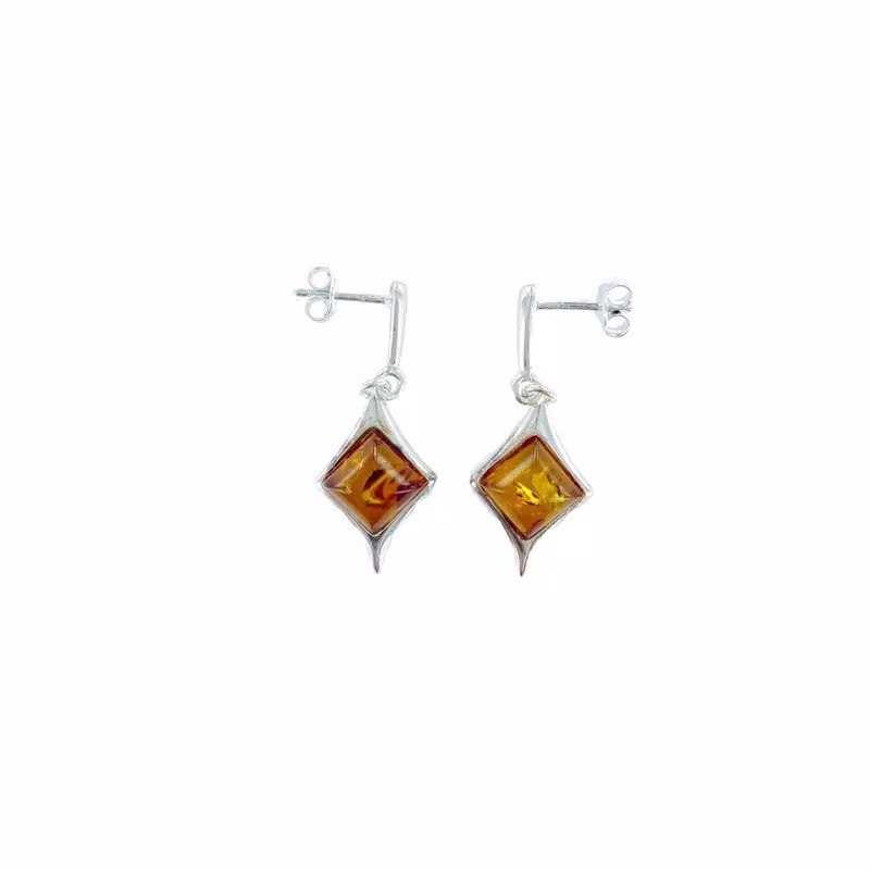 Pendientes cuadrados de ámbar coñac natural, plata 925