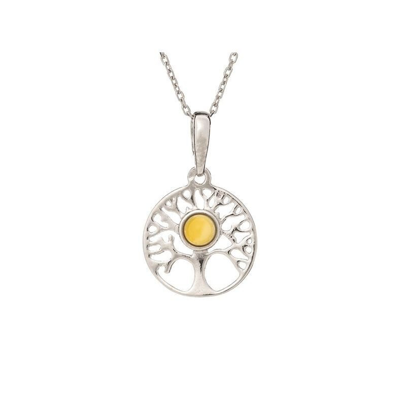 Pendentif arbre de vie en ambre miel, argent 925 rhodié, diamètre 1,5x2,3 cm