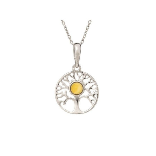 Pendentif arbre de vie en ambre miel, argent 925 rhodié, diamètre 1,5x2,3 cm