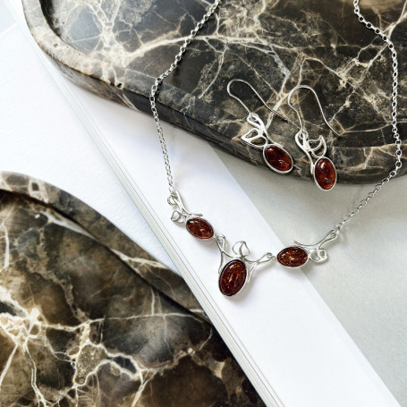 Pendientes ovalados de ámbar color coñac, plata 925