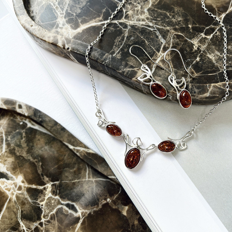 Oval cognac amber drop earrings, 925 silver