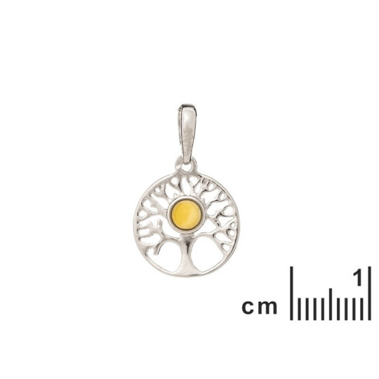 Pendentif arbre de vie en ambre miel, argent 925 rhodié, diamètre 1,5x2,3 cm