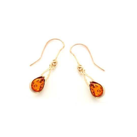 Boucles d'oreilles pendantes en ambre cognac naturel goutte, en argent 925