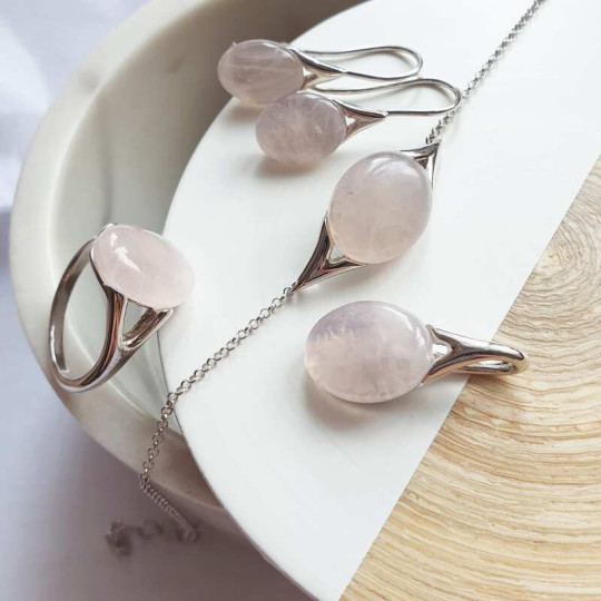 Pendentif en quartz rose naturel, argent 925 rhodié, diamètre 1,2x2,5 cm