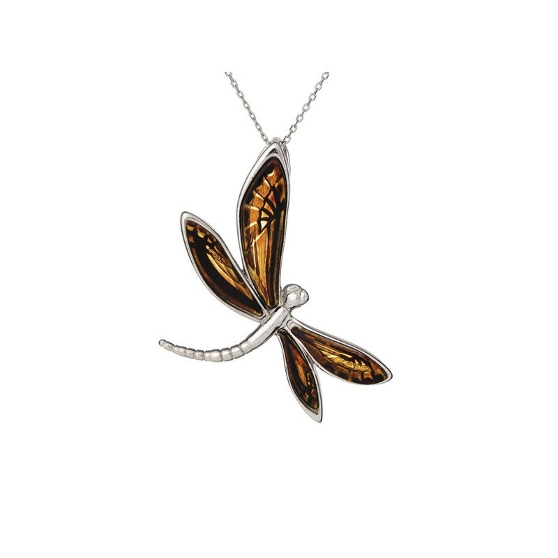 Multicolored amber dragonfly pendant, rhodium-plated 925 silver, diameter 2.5x4.5 cm