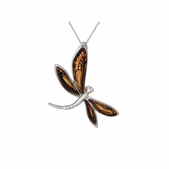 Multicolored amber dragonfly pendant, rhodium-plated 925 silver, diameter 2.5x4.5 cm