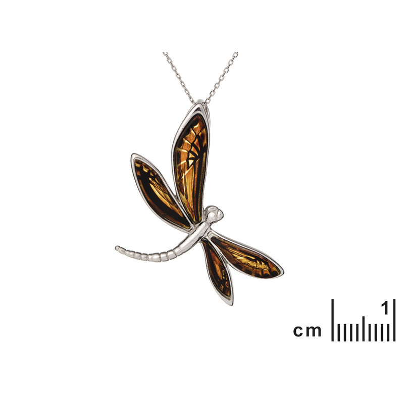 Multicolored amber dragonfly pendant, rhodium-plated 925 silver, diameter 2.5x4.5 cm