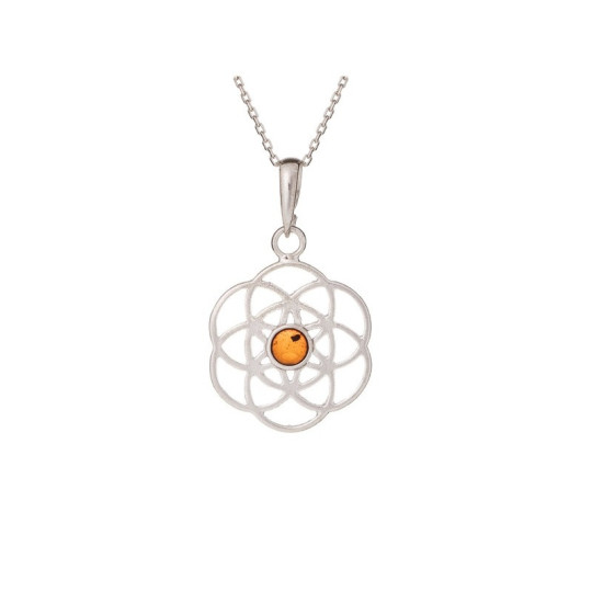 Pendentif fleur de vie en ambre cognac, argent 925 rhodié, diamètre 2x2+1 cm