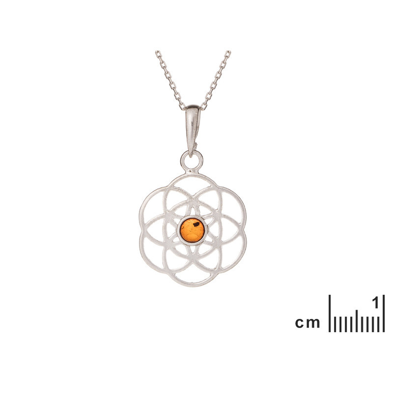 Pendentif fleur de vie en ambre cognac, argent 925 rhodié, diamètre 2x2+1 cm