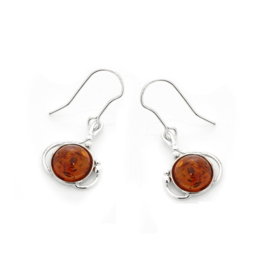 Boucles d'oreilles pendantes en ambre cognac rond, en argent 925