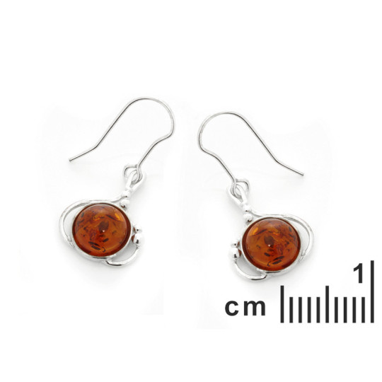 Orecchini pendenti rotondi in ambra color cognac, argento 925
