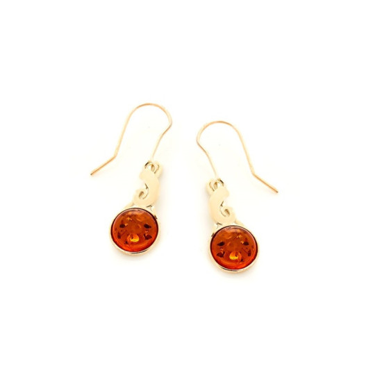 Natural round cognac amber drop earrings, 925 silver