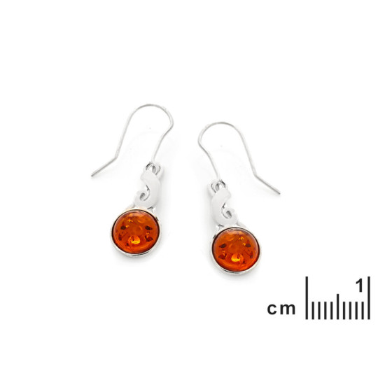 Natural round cognac amber drop earrings, 925 silver