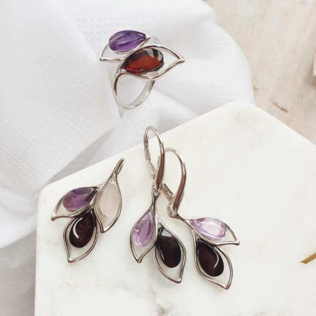 Ciondolo multipietra, argento 925 rodiato, diametro 1,5 x 3 cm