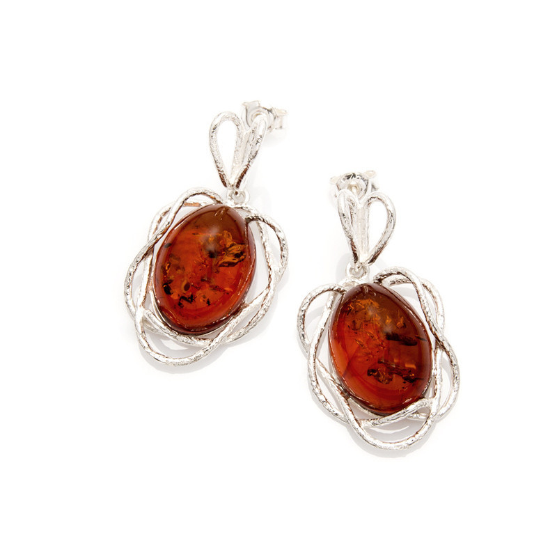 Boucles d'oreilles pendantes en ambre cognac ovale, en argent 925 rhodié