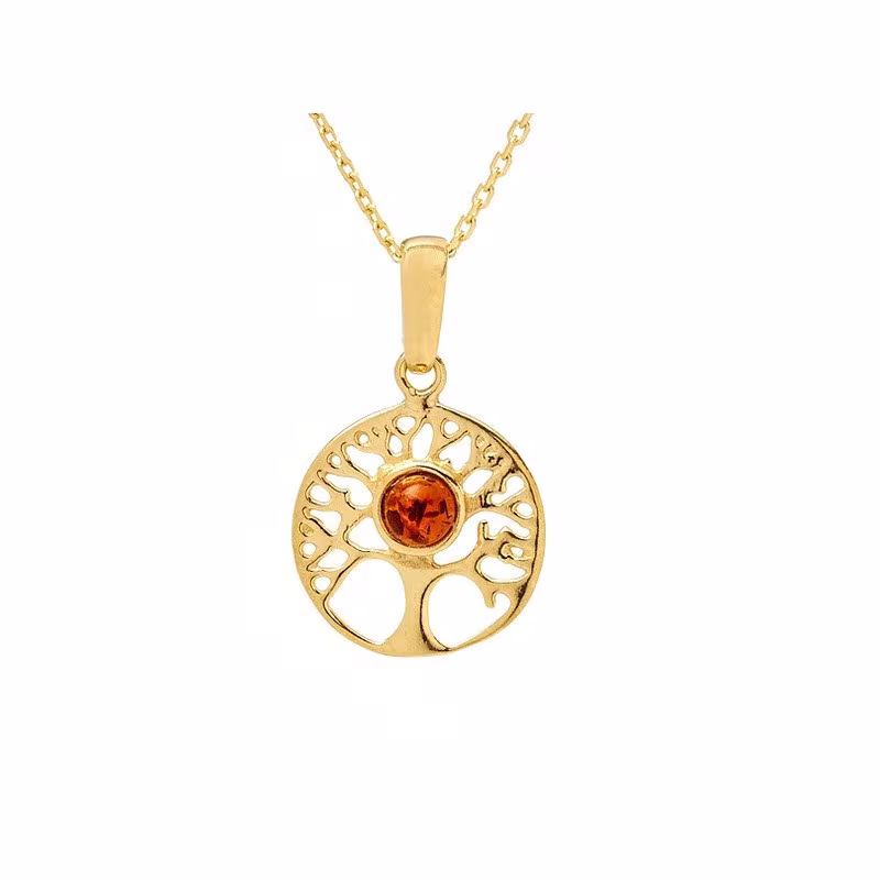 Ciondolo albero della vita in ambra cognac, argento 925 dorato , diametro 1,5+1 cm