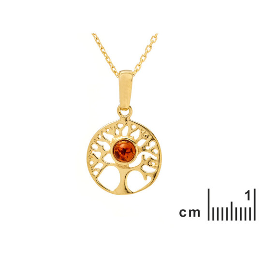 Anhänger Lebensbaum aus Cognac-Bernstein, Silber 925 gold , Durchmesser 1,5+1 cm