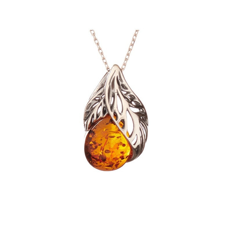 Pendentif en ambre cognac naturel, argent 925 vieilli, diamètre 1,2x2 cm