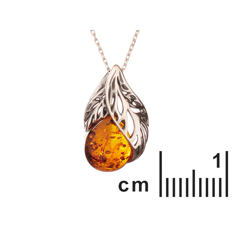 Pendentif en ambre cognac naturel, argent 925 vieilli, diamètre 1,2x2 cm