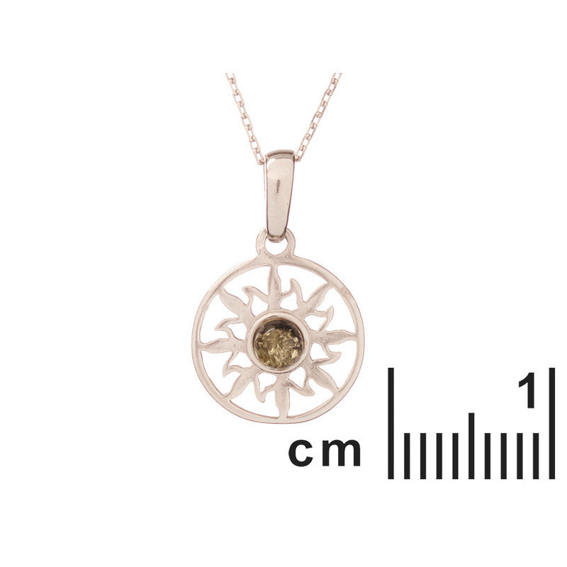Sonnenanhänger aus natürlichem grünem Bernstein, rhodiniertes 925er Silber, Durchmesser 1,5+1 cm