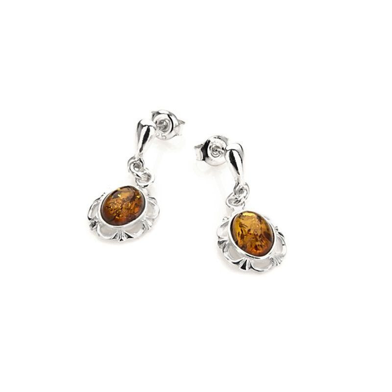 Boucles d'oreilles pendantes en ambre cognac ovale, en argent 925 rhodié