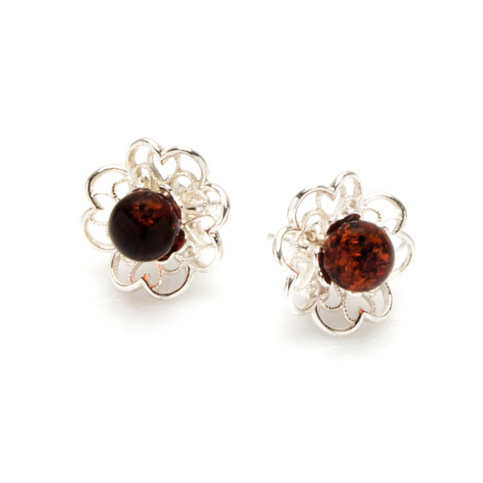 Clous d'oreilles fleurs en ambre cognac naturel boule, en argent 925 rhodié
