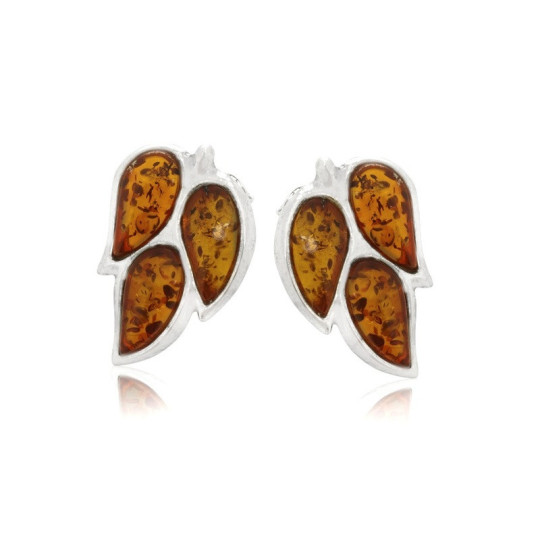 Clous d'oreilles en ambre cognac goutte, en argent 925 rhodié