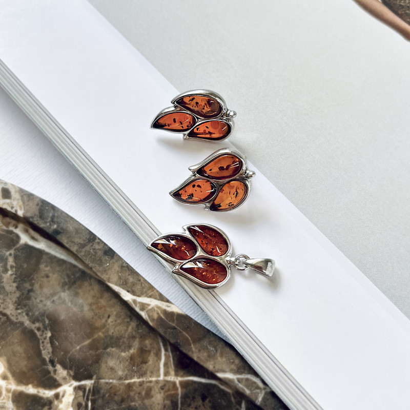Clous d'oreilles en ambre cognac goutte, en argent 925 rhodié